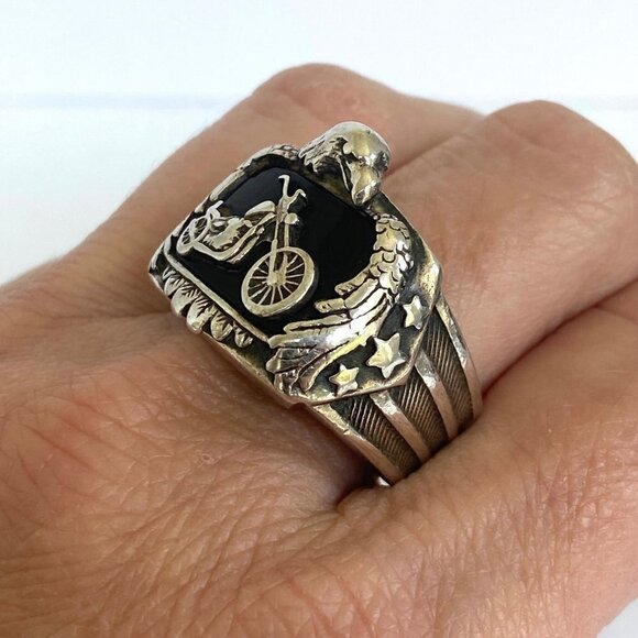Sterling Silver 925 BGE Heavy Black Onyx Motorcycle Eagle Wide Band Ring Sz 9.5 - Picture 3 of 16